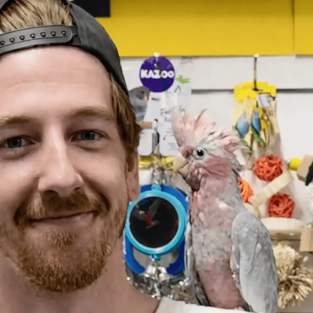 A smiling man wearing a backwards cap posing beside a pink and grey Galah cockatoo inside a pet store.