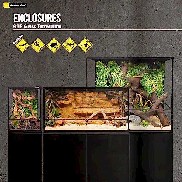 Reptile One RTF glass terrariums displayed with matching reptile cabinets