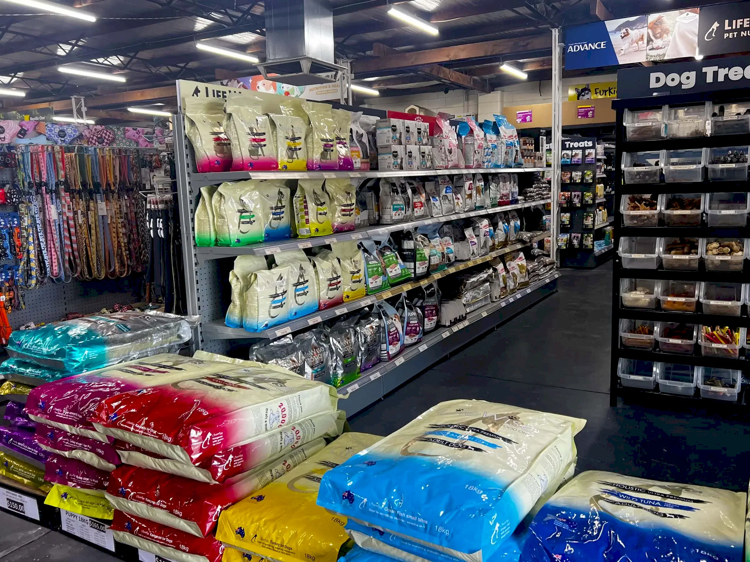 Pet store aisle in Adelaide with shelves of premium dog food, treats, collars and leads at Pets Everywhere