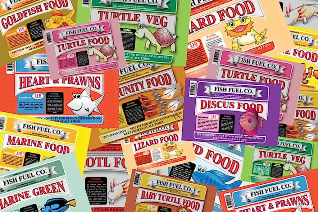 Fish Fuel Co frozen fish, reptile and turtle food packets including Turtle Dinner, Turtle Veg, Heart and Prawn, and Lizard Food in store freezer