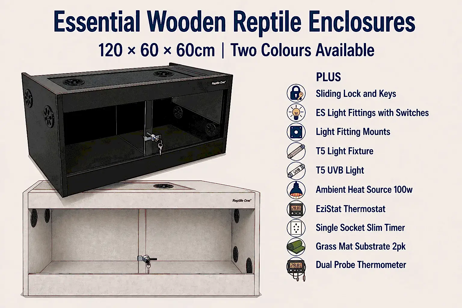 Essential wooden reptile enclosure kits in black and concrete finishes with UVB lighting, thermostat heating, and secure sliding glass doors at Pets Everywhere Adelaide.
