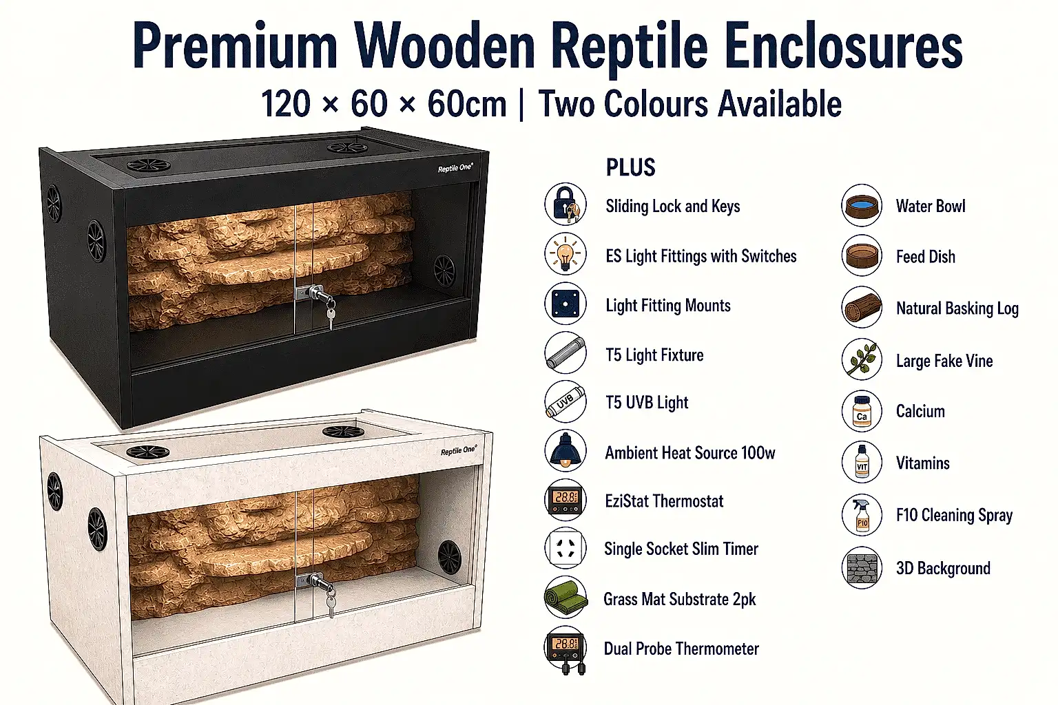 Premium wooden reptile enclosure kits with 3D background, basking décor, feeding accessories, and thermostat controlled heating in black and concrete finishes.