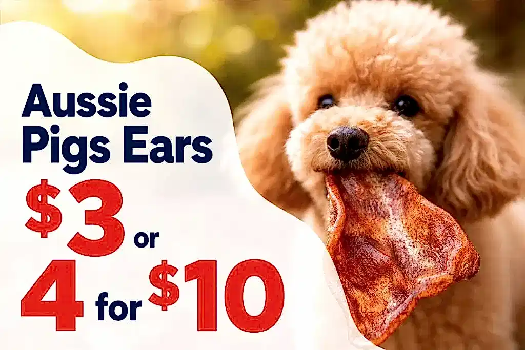Dog holding an Aussie pig ear treat, $3 each or 4 for $10.