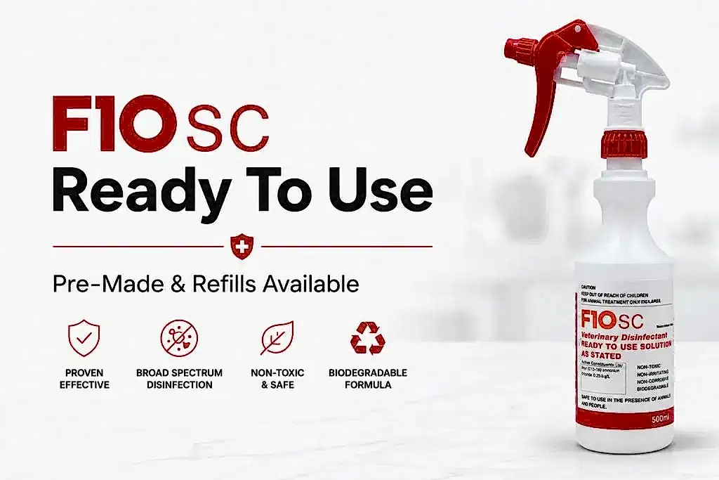 F10SC Ready To Use veterinary disinfectant spray available at Pets Everywhere, with refills available.