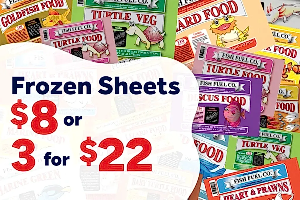 Assorted Fish Fuel Co frozen food sheets, $8 each or 3 for $22 at Pets Everywhere.