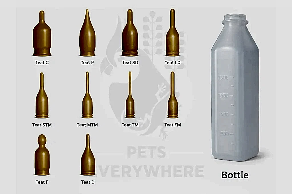 Wombaroo feeding teats in assorted sizes with a feeding bottle, available at Pets Everywhere.